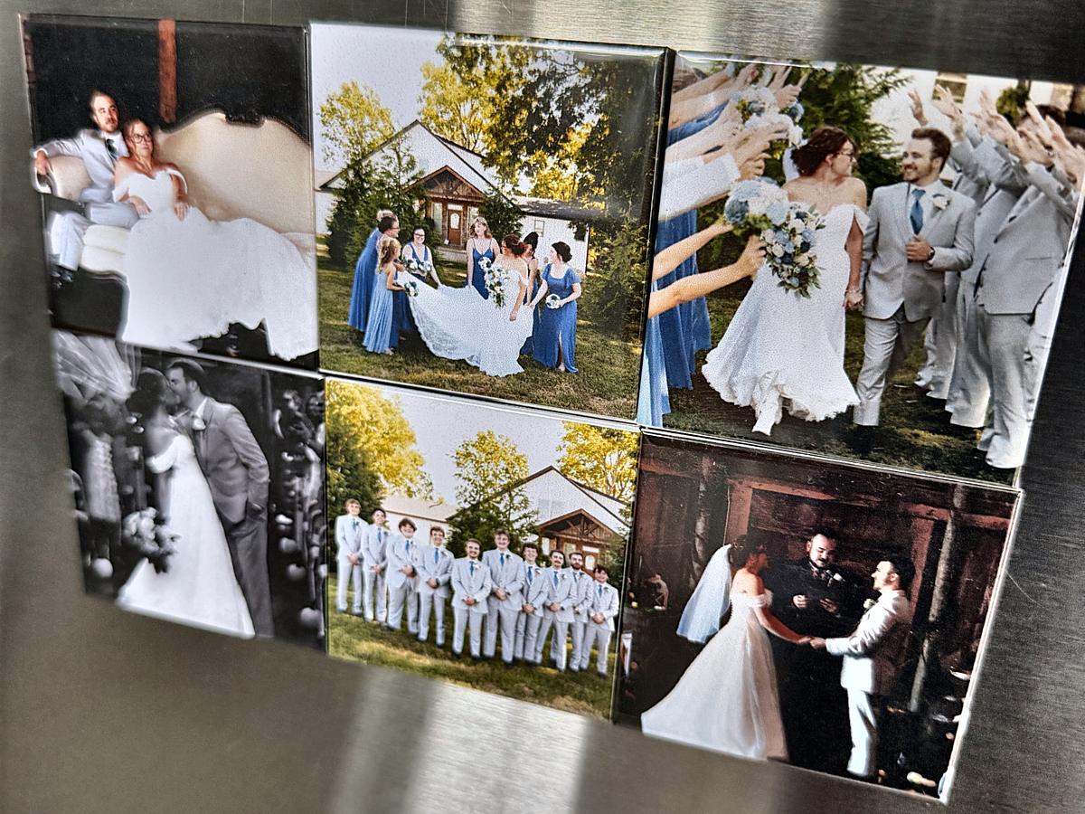 Six square photo magnets from one wedding, arranged on a stainless steel refrigerator door.